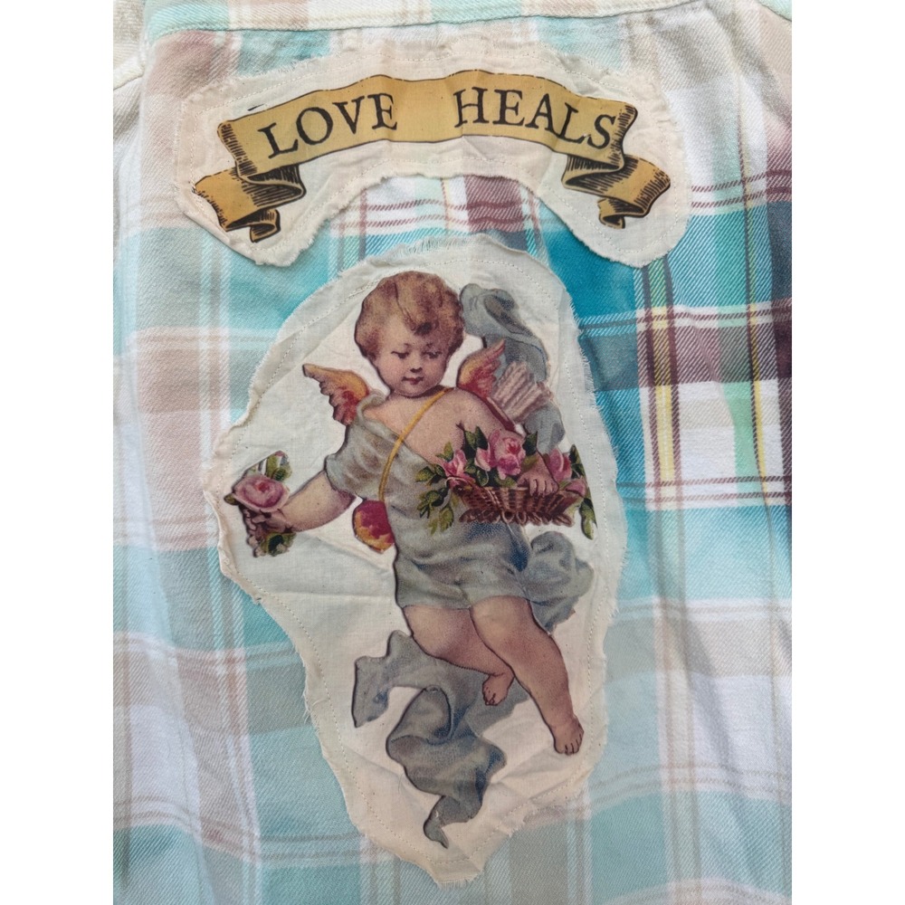 Upcycled‎ Cherub Flannel Shirt Medium Love Heals Cotton Soft Plaid